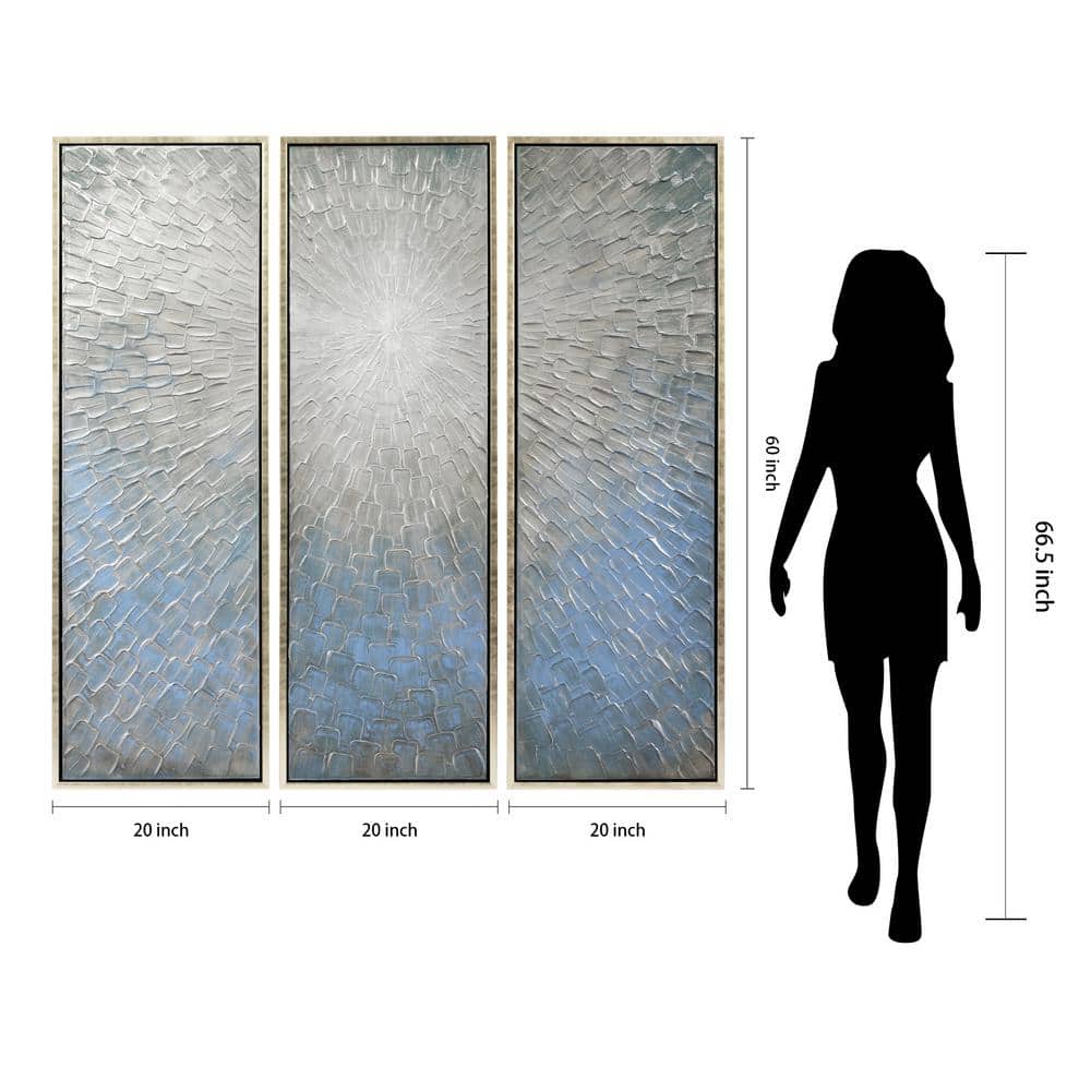 Silver Ice 60" Textured Hand-Painted Abstract Canvas Triptych