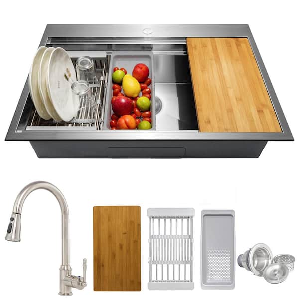 AKDY Handmade All-in-One 30 in. x 22 in. Drop-in Single Bowl Stainless Steel Workstation Kitchen Sink with Pull-down Faucet