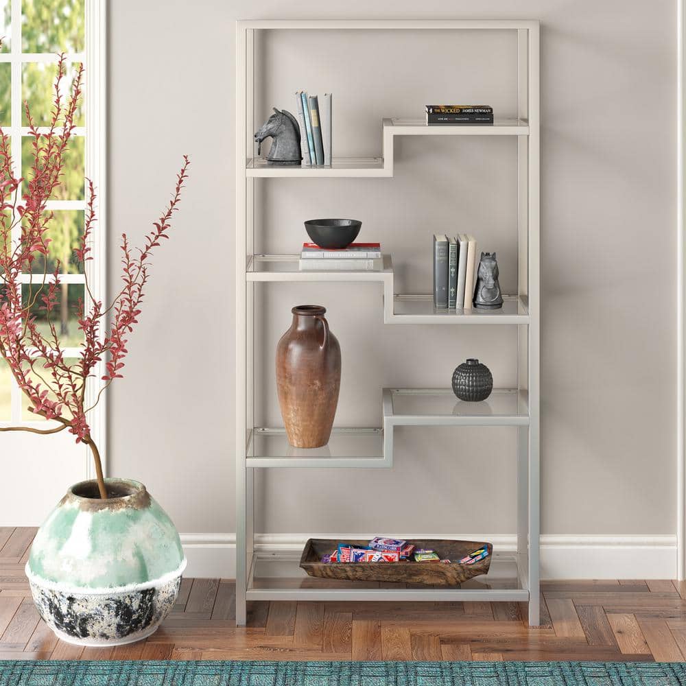 Johann Modern 68" Satin Nickel Metal and Tempered Glass Bookcase
