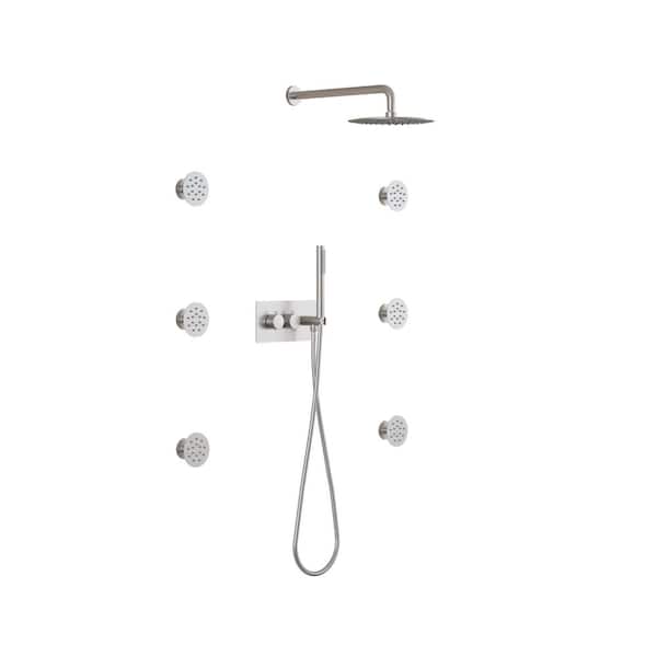 Double Handle 3-Spray Shower Faucet 2.5 GPM with 6 Round Body Jets, Thermostatic Valve, Anti Scald in Brushed Nickel