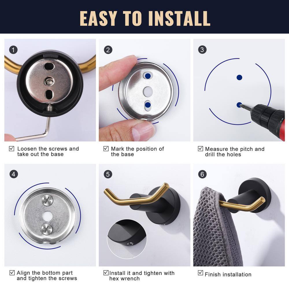 Matte Black and Gold Stainless Steel Wall Mounted Towel Hook Set