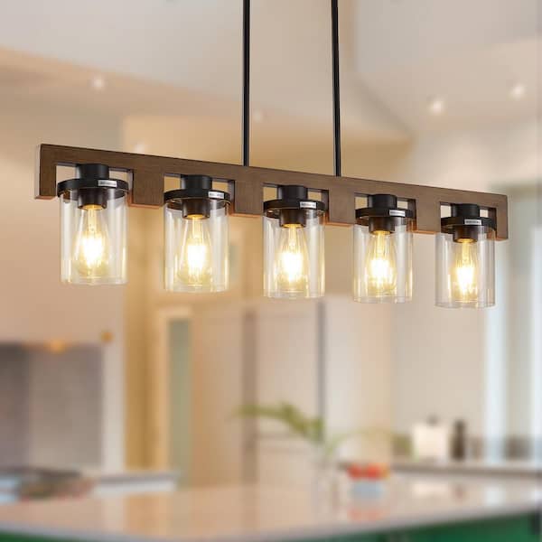 Magic Home 5-Light Modern Industrial Chandelier Rectangle Natural Wood Linear Light Over Table for Kitchen Island Dinning Room