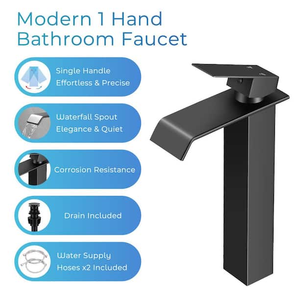 Waterfall Single Handle Vessel Sink Faucet with Pop-Up Drain in Matte Black