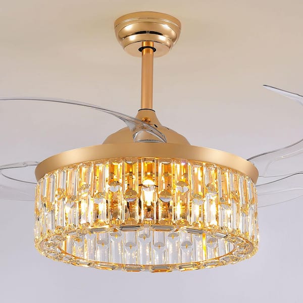 48 in. Indoor Modern Gold Retractable Crystal Ceiling Fan with Light and Remote, Downrod Mount Chandelier Fan