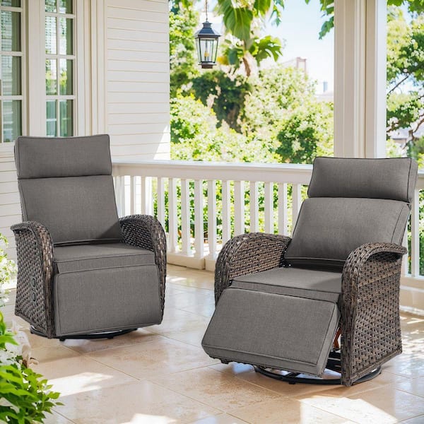 Rotavia Reclining 2-Piece Wicker Outdoor 360° Swivel Recliner with Gray Cushions, Adjustable Backrest, Footrest