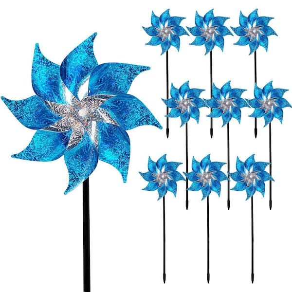 Angel Sar Reflective Pinwheels with Stakes for Garden Decor, Bird Devices to Scare Birds Away from Yard Farm, Blue(10-Pack)