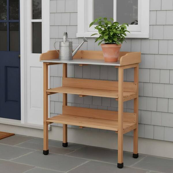 30 in. W x 35.5 in. H Light Brown Potting Bench with Metal
