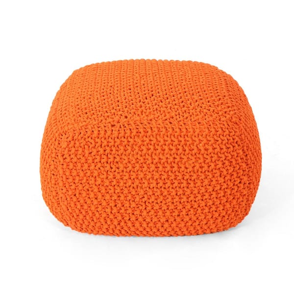 Noble House Hollis Square Orange Knitted Cotton Pouf