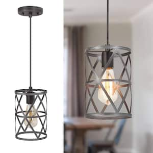 Modern Industrial Brushed Grey Drum Pendant Light with Open Cage Shade 1-Light Pendant Light for Kitchen Island Foyer