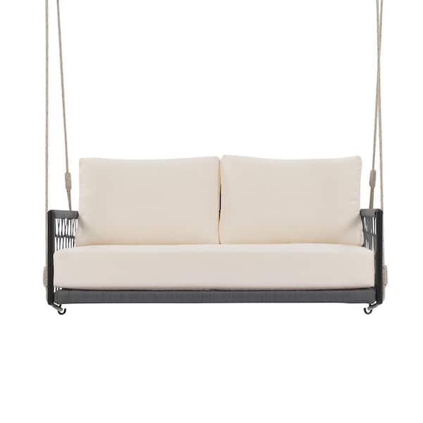 Unbranded 2-Person Sling Braided Rope Outdoor Swing Sofa with Upholstered Seat for Patio, Yard and Balcony, Beige Cushions