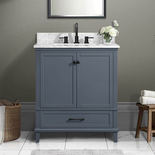 Home Decorators Collection Merryfield 31 in. Single Sink Dark Blue-Grey Bath Vanity with White Carrara Marble Top (Assembled)