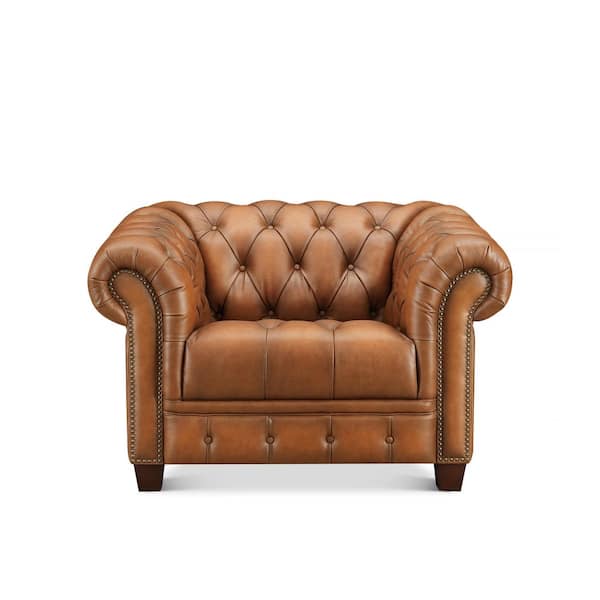 York Saddle Brown 100% Leather Tufted Arm Chair with Roll Arms, Memory Foam, Pocket Coils, and Down
