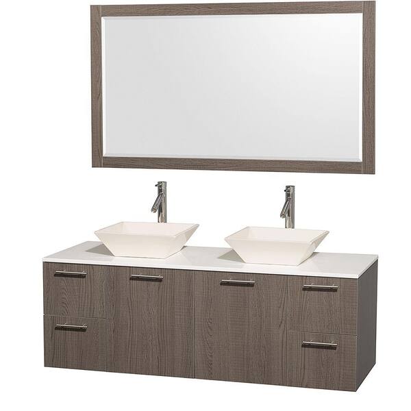 Wyndham Collection Amare 60 in. Double Vanity in Grey Oak with Man Made Stone Vanity Top in White and Porcelain Sink