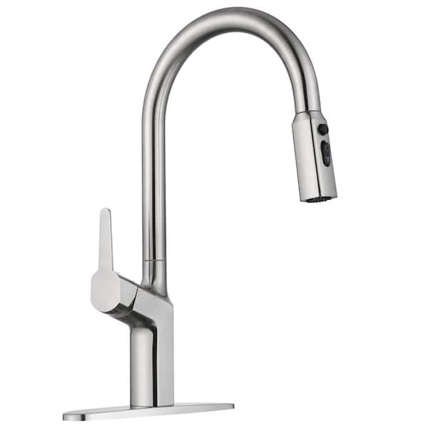 Modern 3-Mode 17 in. Single-Handle Pull-Down Sprayer Kitchen Faucet with Lead-free in Stainless Steel Brushed Nickel
