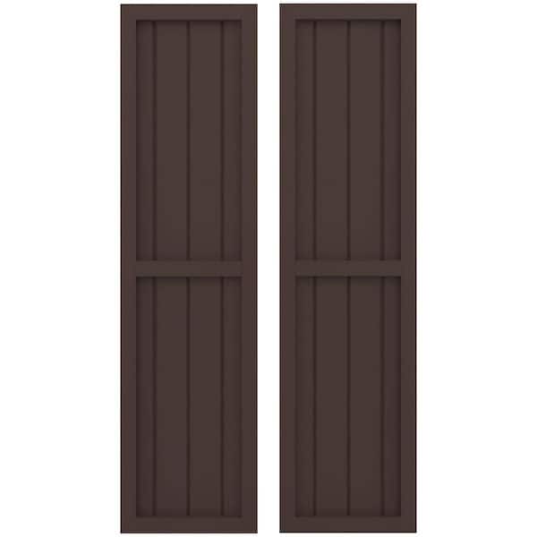 Ekena Millwork 14 in. W x 67 in. H Americraft 4-Board Exterior Real Wood 2 Equal Panel Framed Board and Batten Shutters in Raisin Brown