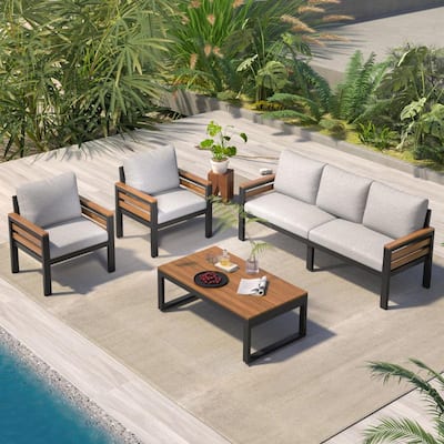 4 Pcs Wood Outdoor Sectional Set for 5 People with Removable Beige Cushion and Coffee Table for Garden and Backyard