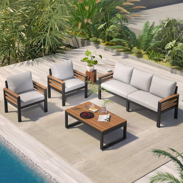 Unbranded 4 Pcs Wood Outdoor Sectional Set for 5 People with Removable Beige Cushion and Coffee Table for Garden and Backyard