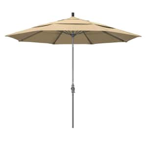 11 ft. Hammertone Grey Aluminum Market Patio Umbrella with Collar Tilt Crank Lift in Antique Beige Olefin