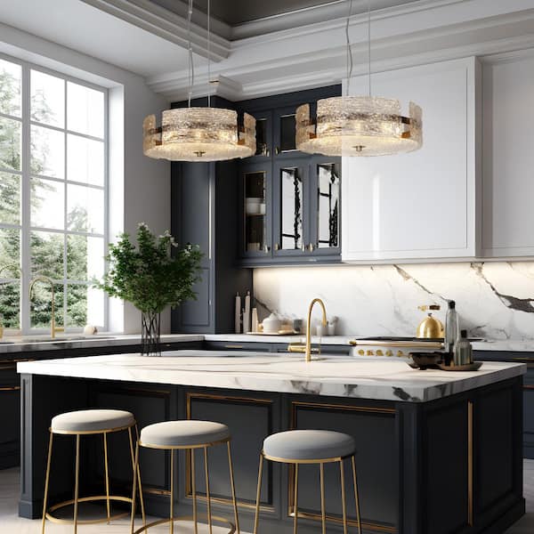 4-Light Electroplated Brass Chandelier with Textured Glass Plates