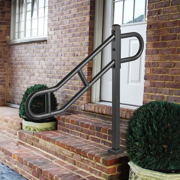 Single Post Handrail, 35.43 in. H x 3.46 in. W, Black, Steel, Stair Railing Kit, Outdoor Metal Stair Railing