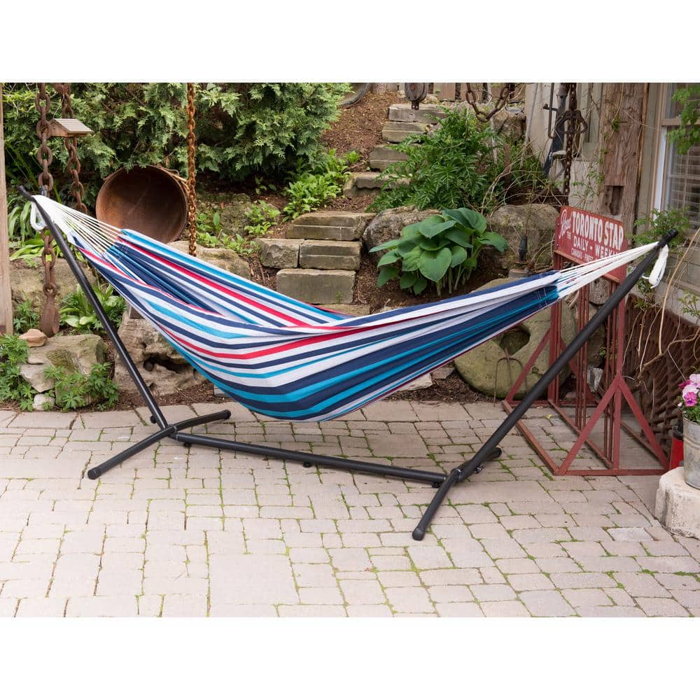 X-Factor 9 Ft Double Cotton Hammock With Space Saving Steel Stand Desert Strip 