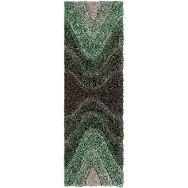 San Francisco Luz Modern Geometric Shag Hand-Carved, Green 2 ft. 3 in. x 7 ft. 3 in. Runner, Area Rug