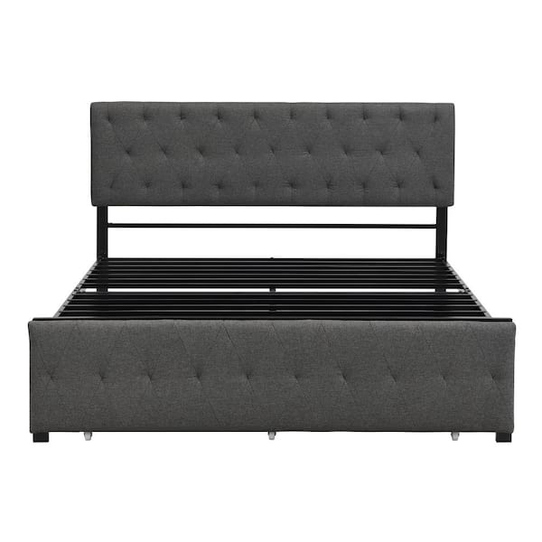 ANBAZAR 62.8 in. Width Gray Queen Size Platform Bed with Big Drawer, Metal Adult Bed Frame with Tufted Headboard and Footboard