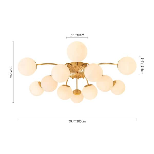 HUOKU Ceder 39.4 in.W 12-Light Brass Gold Modern Sputnik Semi-Flush Mount Chandelier with Globe Opal Frosted Glass Shade