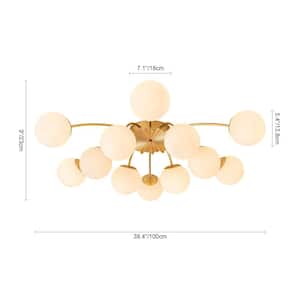 Ceder 39.4 in.W 12-Light Brass Gold Modern Sputnik Semi-Flush Mount Chandelier with Globe Opal Frosted Glass Shade