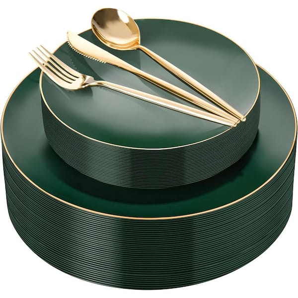 Green and Gold Disposable Plastic Plates and Silverware Set (150-Piece)