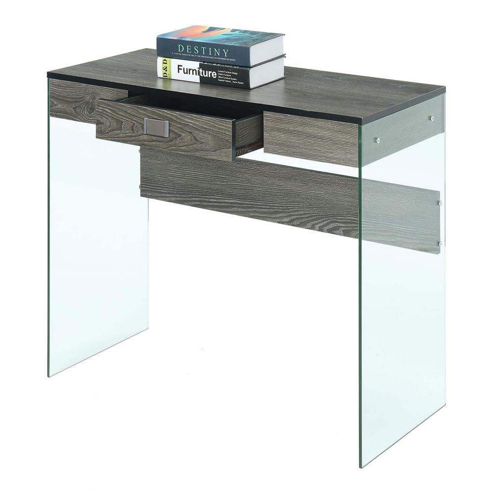 Weathered Gray 36" Wood Console with Glass Accents and Drawer