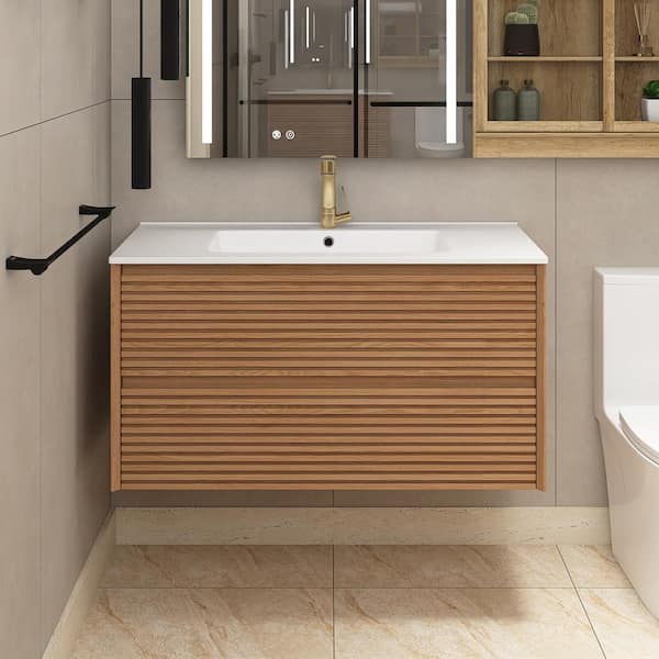 Staykiwi 35.83 in. W x 18.31 in. D x 20.4 in. H Single Sink Wall-Mounted Bath Vanity in Walnut with White Ceramic Top