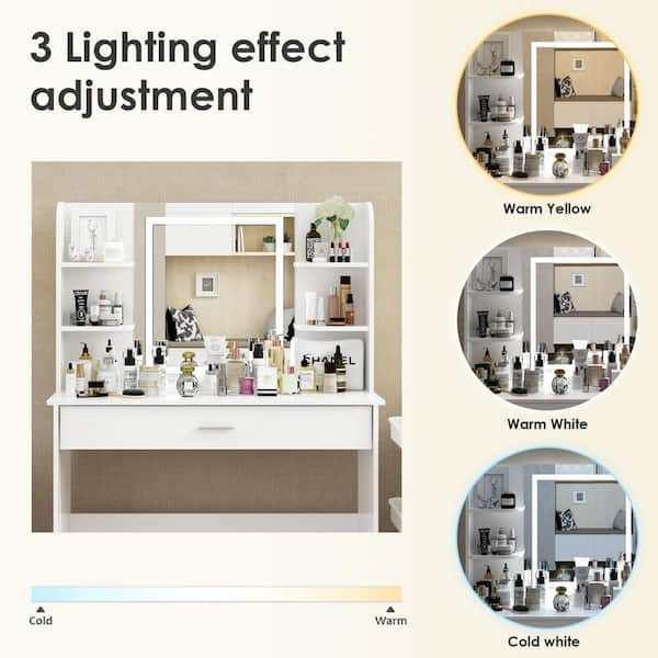 FUFU&GAGA White Wood LED Color Change Mirror Makeup Vanity Sets