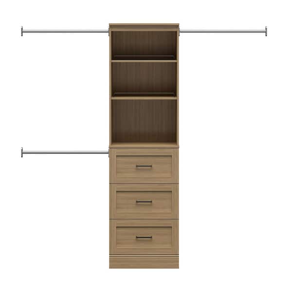 Reynolds 25 in. W x 83.25 in. H Monterey Oak Laminate Board Shaker Closet System Tower with 3 Drawers and 3 Shelves