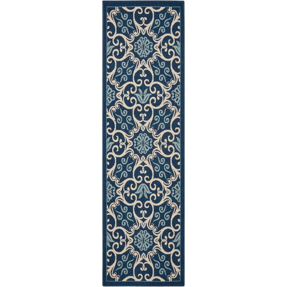 Navy Floral Synthetic Easy Care Outdoor Area Rug