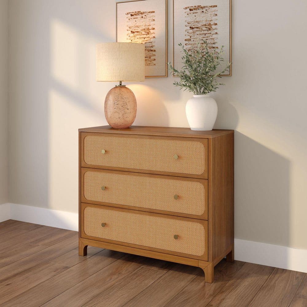 Elio Rattan Pecan 3 Drawer 37 in. Chest of Drawers Dresser