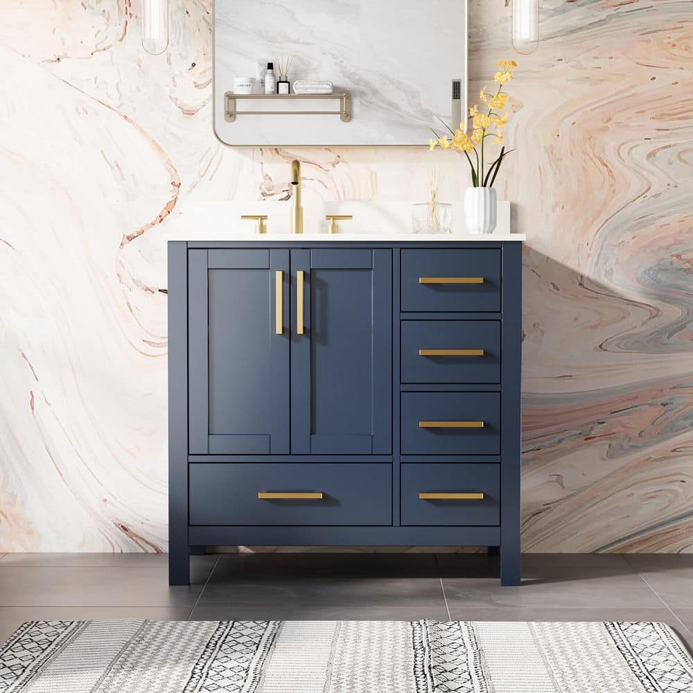 36 in. Solid Wood Fully Assembled Freestanding Navy Blue Bath Vanity with Carrara White Cultured Marble Top,Soft-Close price history on PriceWatchPro