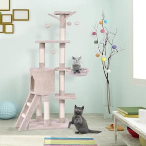 56 in. Beige Condo Scratching Posts Ladder Cat Play Tree