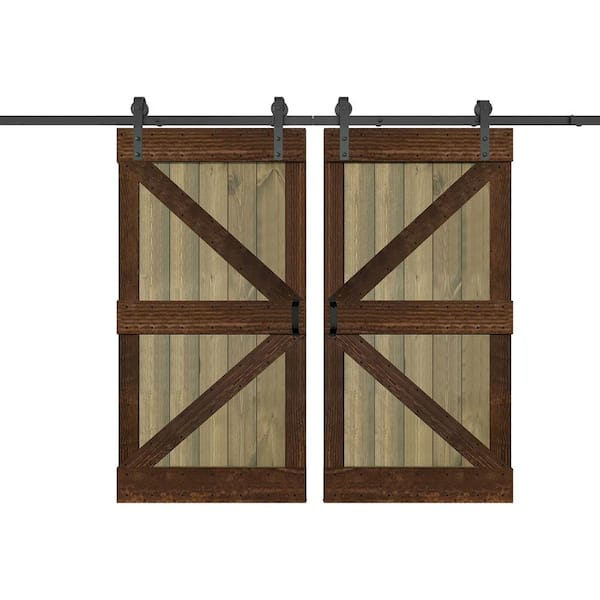 ISLIFE K Series 84 in. x 84 in. Aged Barrel/Kona Coffee Finished DIY Solid Wood Double Sliding Barn Door With Hardware Kit