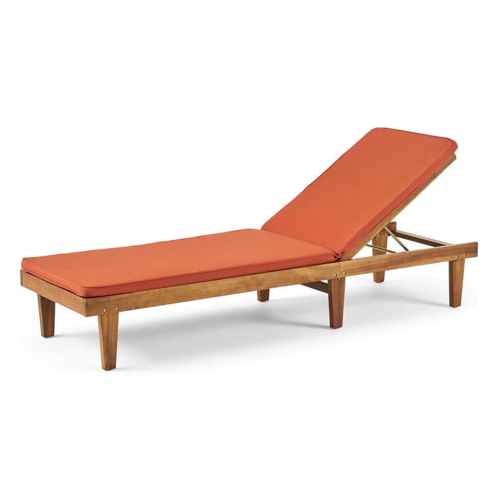 Teak Brown Outdoor Chaise Lounge with Rust Orange Cushions