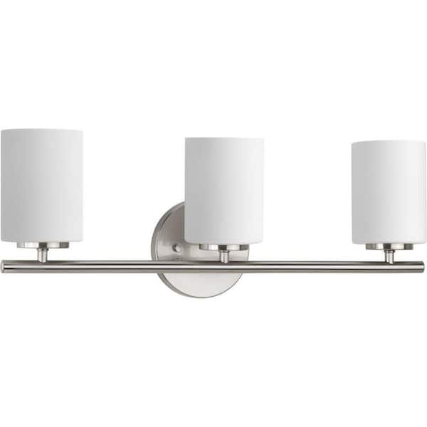 Replay Collection 22 in. 3-Light Brushed Nickel Etched White Glass Modern Bathroom Vanity Light