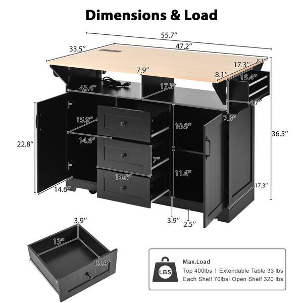 Nestfair Black Wood 55.7 in. Rolling Kitchen Island with 2 Drop