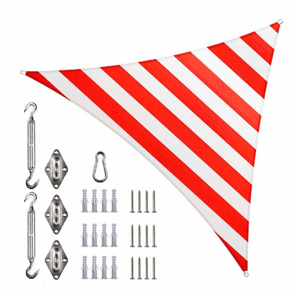 COLOURTREE 9 ft. x 9 ft. x 9 ft. 190 GSM Red/White Striped Equilateral Triangle Sun Shade Sail with Triangle Kit