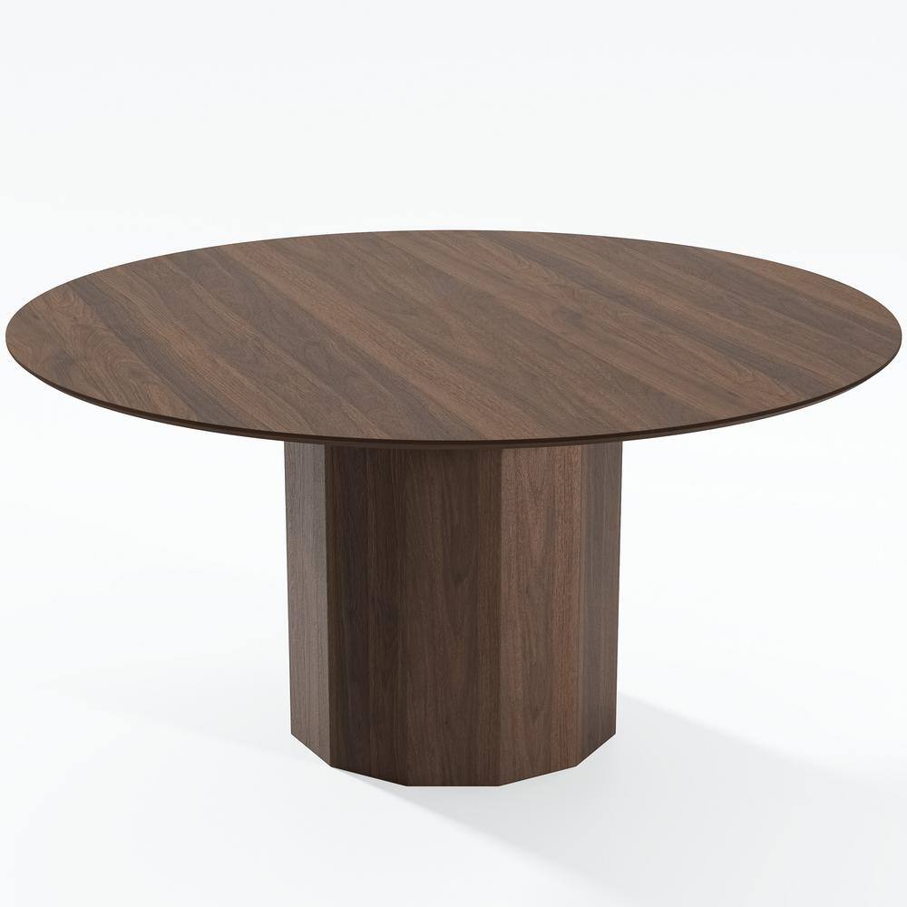 Round Walnut Wood 60 in. Column Base Dining Table Seats 8