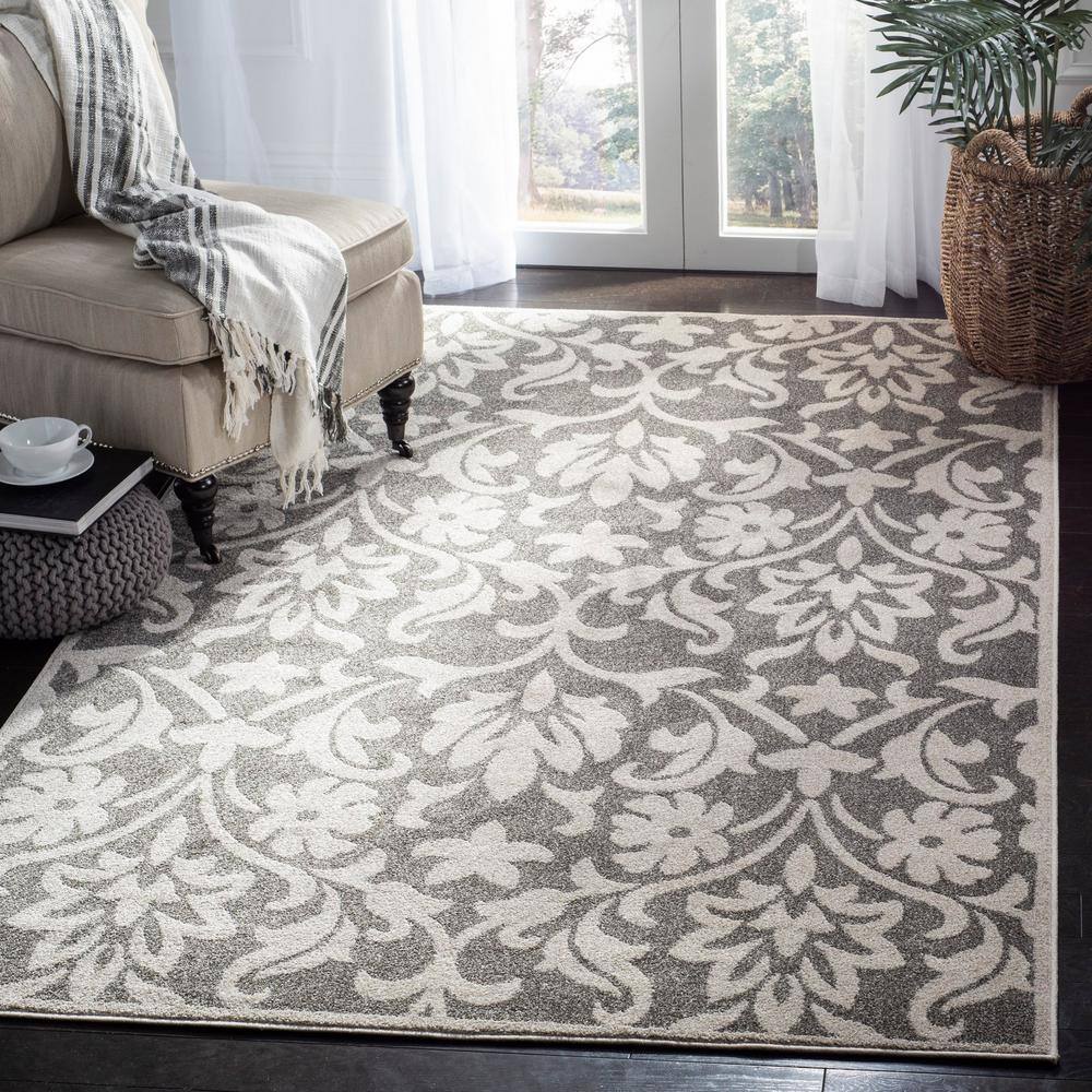 Gray and White Floral Synthetic Square Area Rug