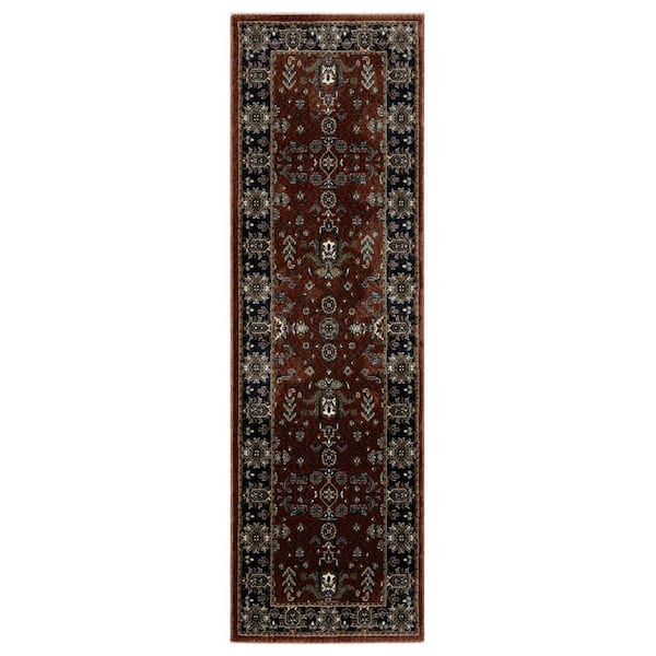 Victoria Red/Navy 2 ft. x 8 ft. Vintage Oriental Traditions Polyester Fringed-Edge Indoor Runner Area Rug