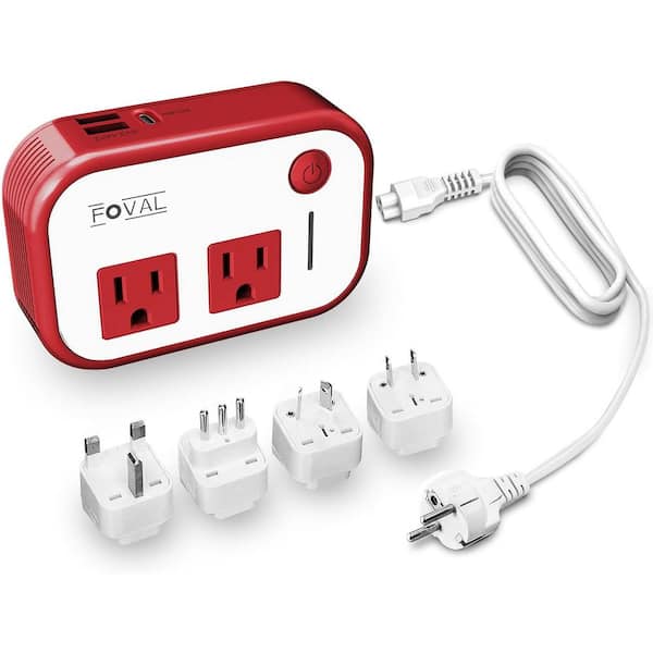Lukyamzn Travel Voltage Converter 220-Volt to 110-Volt with 2-Outlets, 2 USB-A, 1 USB-C Ports and 4-Different Plugs in White/Red