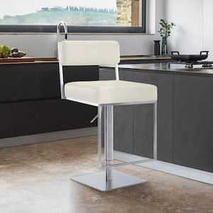 34 in White Low Back Metal Bar Stool with Faux Leather Seat