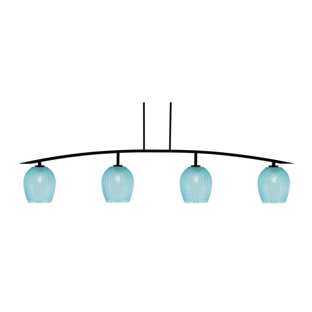 Siena 4-Light Matte Black Billiard Light with 7.5 in. Turquoise Textured Gl