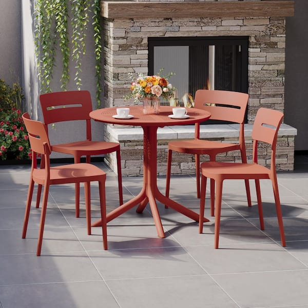 Frond and Form Modern Outdoor Patio Poly Plastic 5-Piece Round Table Dining Set w/ 4 Stackable Chairs in Red